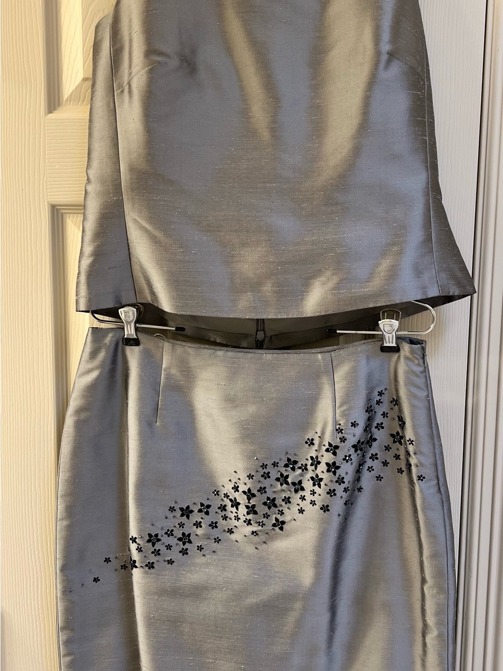 Ann Taylor Silver Dupioni Silk Shell Top w/ Pencil Skirt with Black embroidery